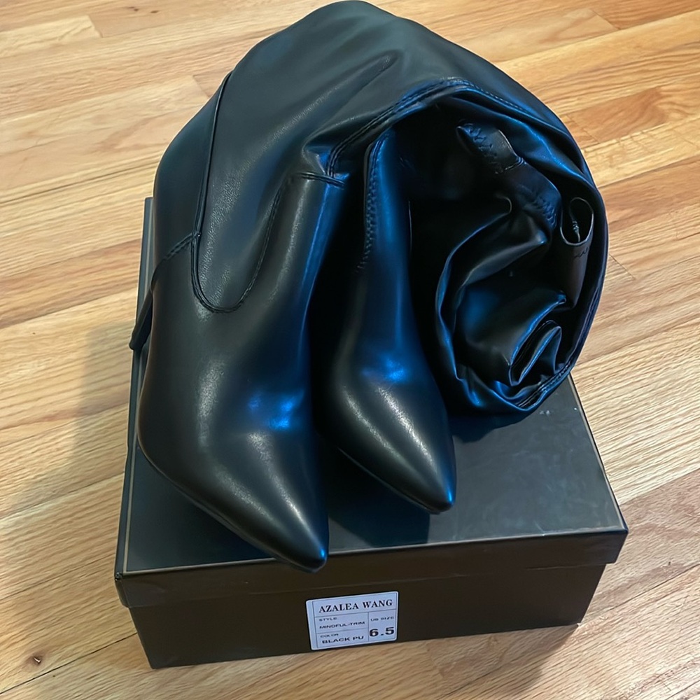 Black vegan leather thigh high stretch boots, size 6.5